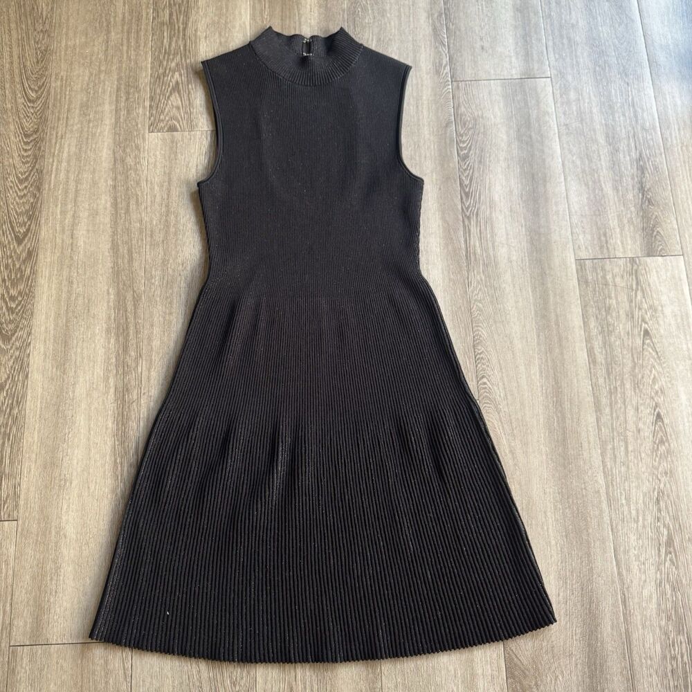 Theory Black Ribbed Knit Stretch Sleeveless Fit & Flare Dress Small Cutout Metal - Picture 6 of 16